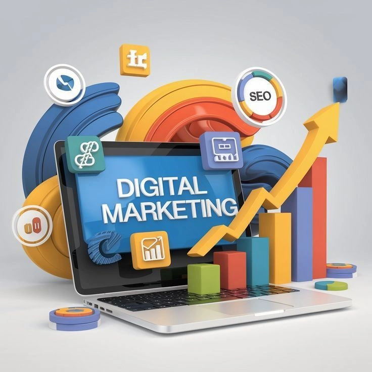 3D digital marketing concepts and business growth graphics